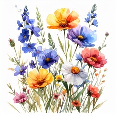 Vibrant Watercolor Wildflower Bouquet: Artistic Blue, Orange, and Pink Blossoms on White