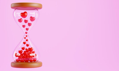 Red hearts are flowing in the hourglass on color background, 3d rendering