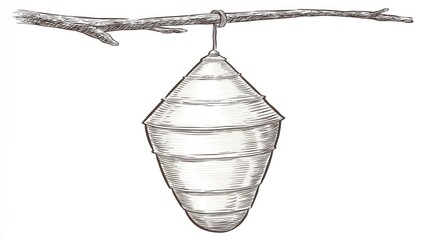 Sketch of an insect nest suspended from a branch, rendered in grayscale hatching lines