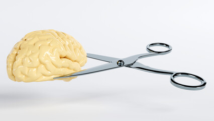 3D rendering of a human brain and scissors cut on color background,  Destruction of mind, ideas and creative concept