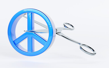 3D rendering of a peace sign with scissors, cutting peace symbolizes the loss of human rights such as freedom, peace and democracy concept