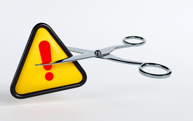 3D rendering of an exclamation with scissors cut on white background, Symbol style, icon design for warning sign