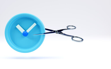 3D rendering of scissors cut the clock, cutting time, out of time, on white background, Less working time concept