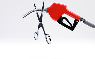 3D rendering of scissors cutting the fuel nozzle on white background, petroleum discount, energy marketing concept