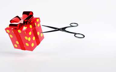 3D rendering of a gift box with scissors on white background, cutting open gift box, open surprise and present concept