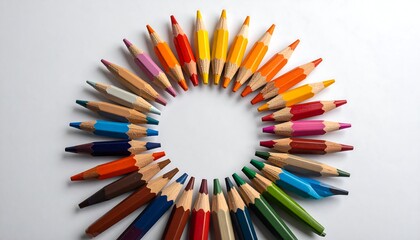 Arrangement of numerous sharpened colored pencils, viewed from above