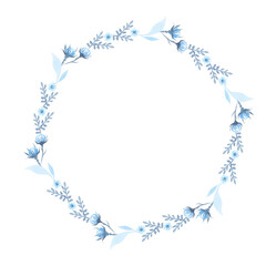 A wreath of blue plant branches. Flowers, buds. Winter plants. Watercolor.