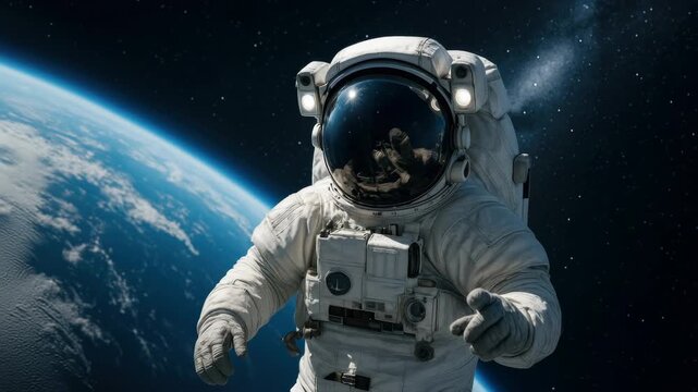 A close-up video shot of an astronaut floating in space, Earth visible in the background. Captured from a frontal angle, emphasizing the vastness of space.