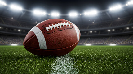 Close-up of an American football on a brightly lit stadium field during a game