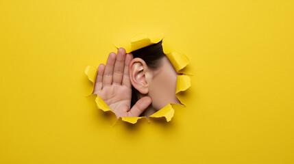 Close-up of female ear and hand emerging through torn paper hole on yellow background symbolizing eavesdropping, gossip, secret communication, and surveillance concept for media and psychology themes