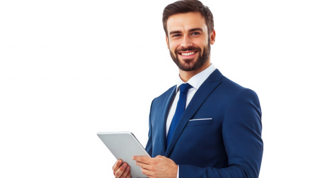 Smiling businessman in a blue suit holding a tablet against a black background looking at the camera on transparent background