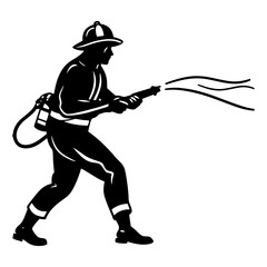 Firefighter spraying water from hose action