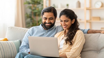 Fototapeta premium Indian couple relaxing on cozy couch — browsing online marketplaces, planning trips, and enjoying digital shopping