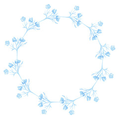 A wreath of blue plant branches. Flowers, buds. Winter plants. Watercolor.