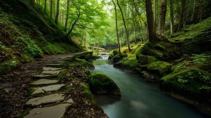 Peaceful forest stream flowing beside a stone path under lush green trees, tranquil woodland scenery with moss-covered rocks, calm nature landscape ideal for meditation, hiking, or serene background d