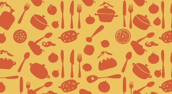 Culinary pattern orange silhouettes of kitchen utensils and food on yellow background