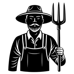 Farmer holding pitchfork wearing hat and overalls vector