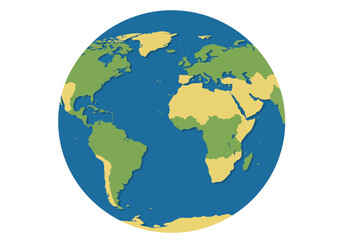 Naklejka premium Illustrated Globe Featuring Continents and Oceans in Blue Green and Yellow.