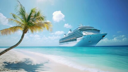 Obraz premium Tropical caribbean cruise by palm trees and coral beach shore