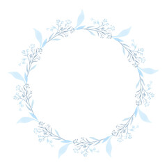 A wreath of blue plant branches. Flowers, buds. Winter plants. Watercolor.