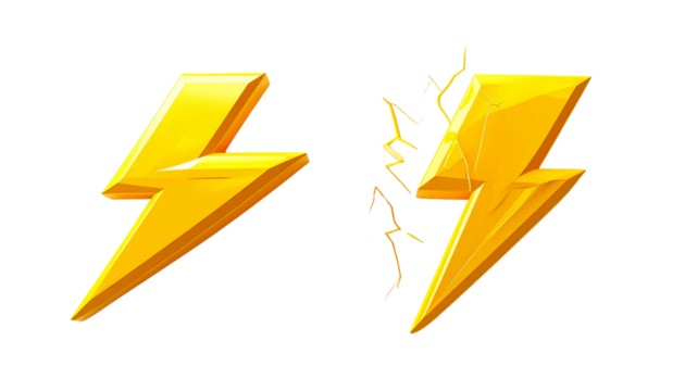 Set of Yellow Cracked and Graphic Lightning Bolt Icons Isolated on White, Power Symbol