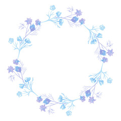 A wreath of blue plant branches. Flowers, buds. Winter plants. Watercolor.