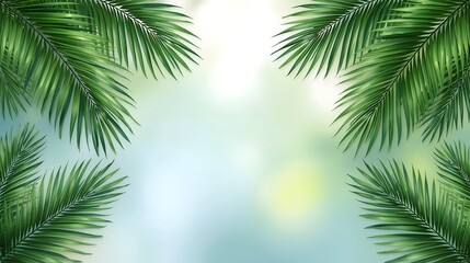 Fototapeta premium Tropical palm leaf frame with sunlight and blue sky background, vibrant green jungle foliage border creating natural summer atmosphere, lush rainforest greenery and exotic paradise vibe for design or 