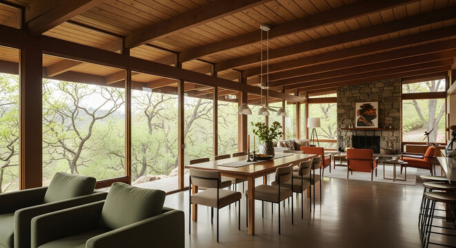Open plan interior with dining area, showcasing modern architecture, warm wooden ceiling, and expansive windows framing serene natural views