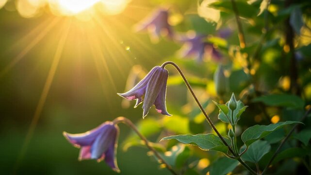 Purple clematis flowers bathed in the warm golden hour sunlight