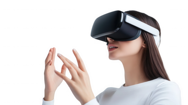 Woman experiencing virtual reality with headset and gesturing with her hands  on transparent background