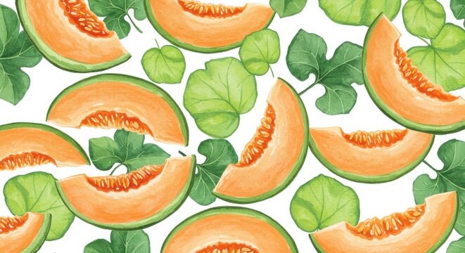 Watercolor illustration of cantaloupe slices and green leaves on white background