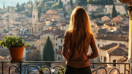 Female tourist admiring historic old town view from sunny balcony