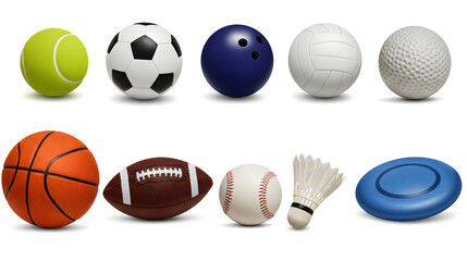 Set of sports balls and equipment isolated on white and transparent background