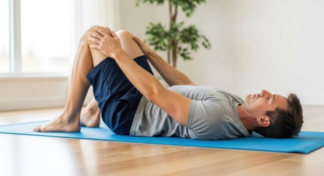 Man lying on yoga mat, pulling knees to chest, stretching