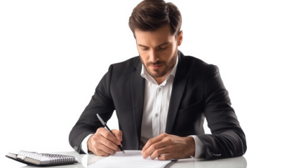 A focused businessman writing on paper with a pen next to a calculator on a white surface on transparent background