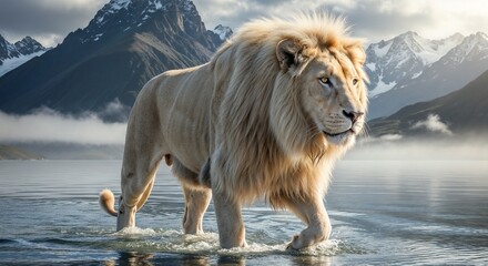 beautiful white lion in water withf mountain view