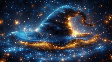 A glowing magical wizard hat composed of sparkling blue and golden particles floating in a dark starry background, evoking a sense of wonder and enchantment
