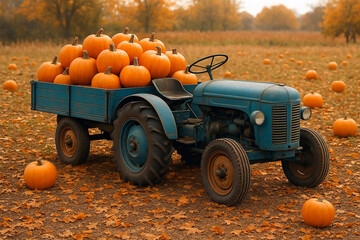 A vintage blue truck loaded with bright orange pumpkins sits in a field covered with fallen autumn leaves. A scene of pumpkin picking, autumn harvest, and Halloween.