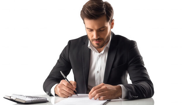 A focused businessman writing on paper with a pen next to a calculator on a white surface on transparent background - Powered by Adobe
