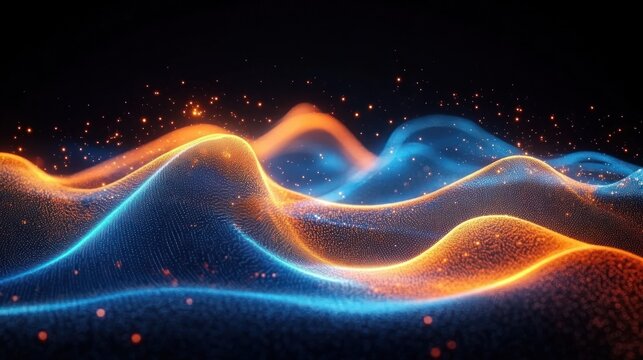 Abstract flowing waveforms in vibrant blue and orange colors with glowing particle effects on a dark background, creating a dynamic and futuristic visual experience
