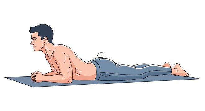 Man lies prone on a mat in a yoga pose, bending backwards