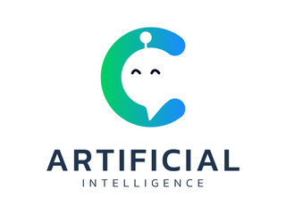 Artificial intelligence Live chat bot assistant with Letter C Cute friendly robot chat support Colorful style logo vector design concept. AI Chatbot logotype for ui, advance technology, Online Support