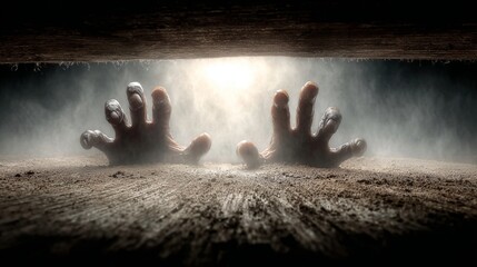 Ominous horizons: a frightening canvas for halloween nightfall. Bold fashion. Empty wooden planks set against a haunting halloween horror background. Advertising photo. Colorful surrealism.