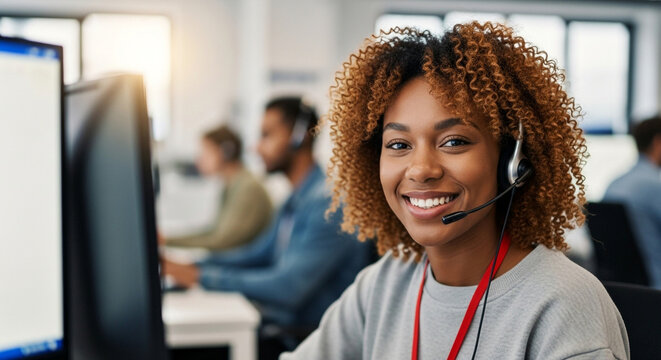 Happy african american woman working in a call center with colleagues in the background smiling at camera