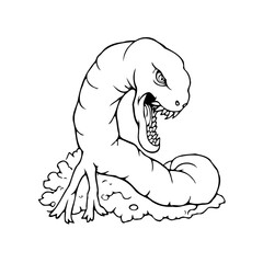Aggressive outlined worm ready for attack with visible fangs and root like feet on pile