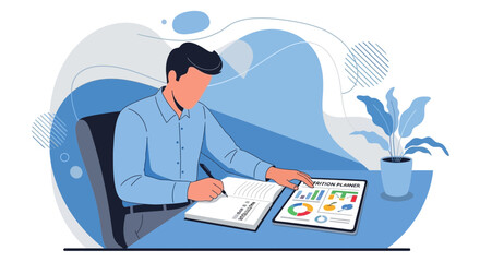 Man Creating Dietary Plans and Analyzing Nutrients Visualized in Colorful Infographics