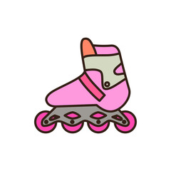 doodle of pink rollerblade with a grey frame, pink wheels, and an orange and light green cuff, outlined in dark brown.