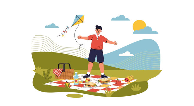 Man enjoying a sunny day with a picnic and flying a kite in the park setting - Powered by Adobe