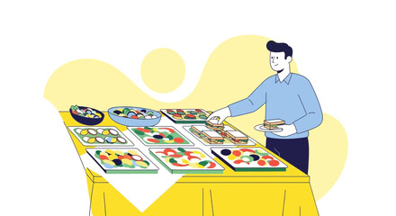 Man at buffet choosing food, event catering, meal service with options for customers