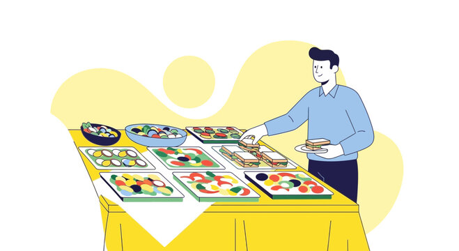 Man at buffet choosing food, event catering, meal service with options for customers